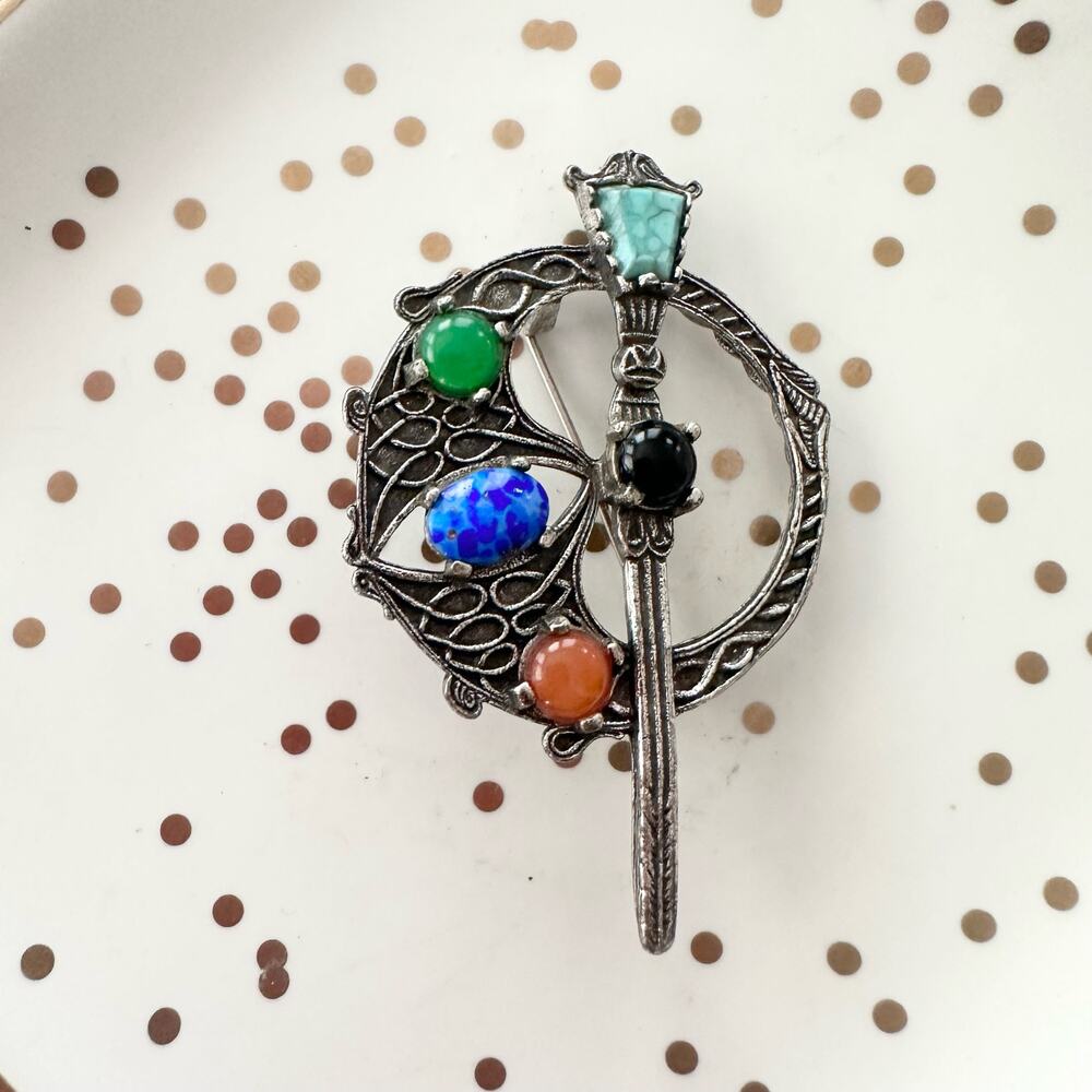 Vintage Soldor Signed Gothic Celtic Sword Shield Five Multicolored Stones Brooch